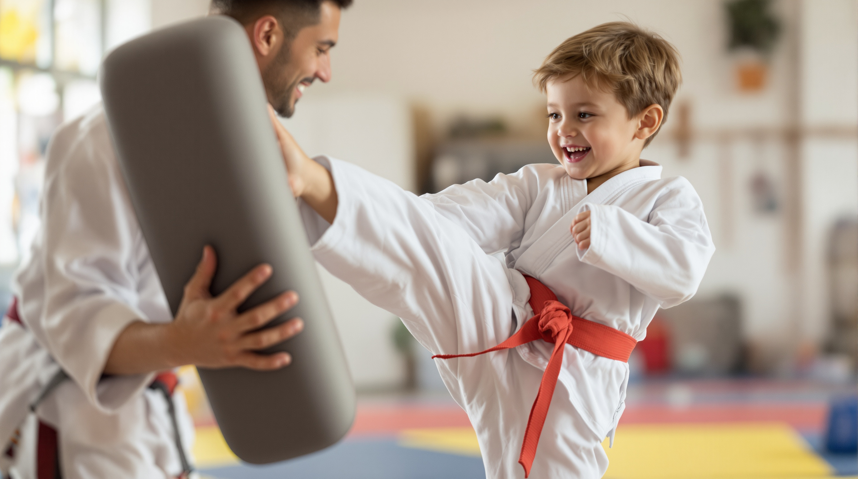 Young child kicking a pad in the Junior Ninjas program